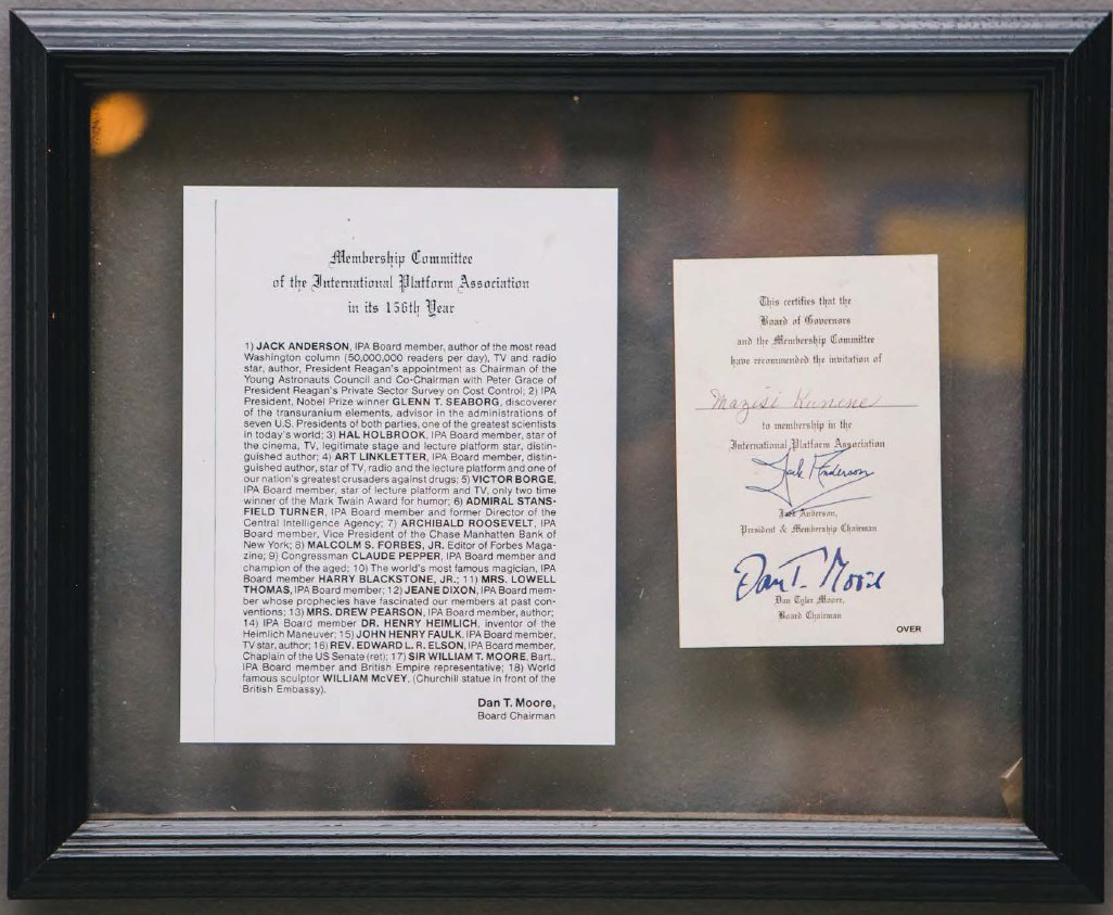 The International Platform Association membership certificate, framed