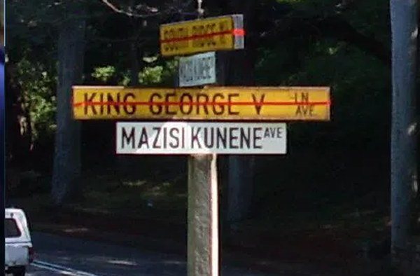 Street sign: King George V Avenue renamed Mazisi Kunene Avenue, Durban